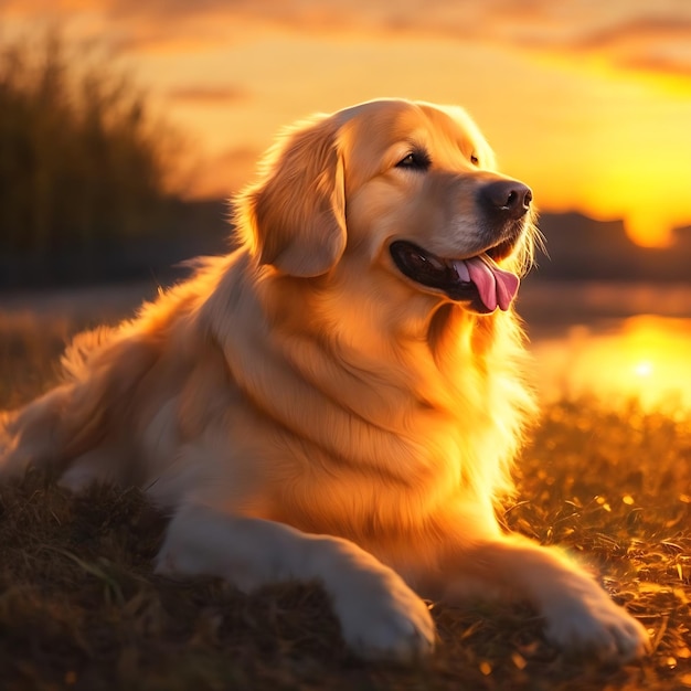 A calm dog lying in the warm glow of the sunset its fur glowing in shades of amber and gold