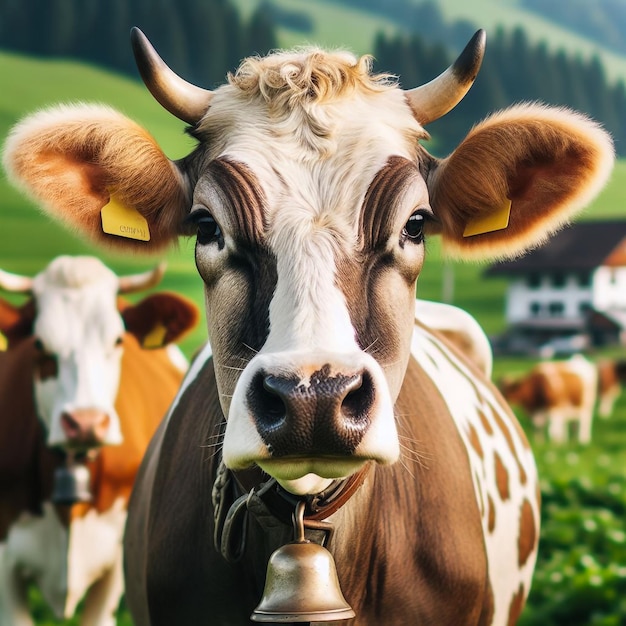 A calm and gentle cow wearing a bell around its neck in a green farm with its spots and horns stand