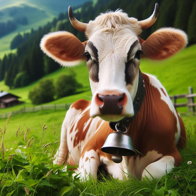 A calm and gentle cow wearing a bell around its neck in a green farm with its spots and horns stand