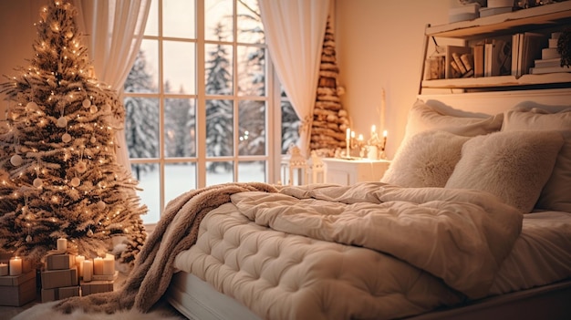 Calm image of interior Classic New Year Tree decorated in a room with bed Generative AI