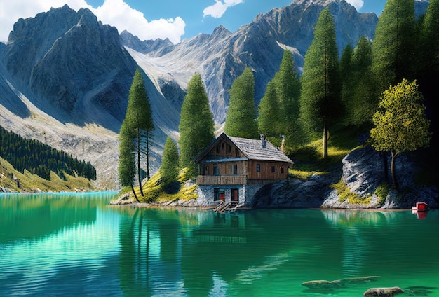 Calm lake in the Alps with small house Mountains with snow caps in the background Tranquility scene Generative Ai Art