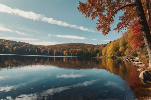 Calm lake surrounded by autumn foliage