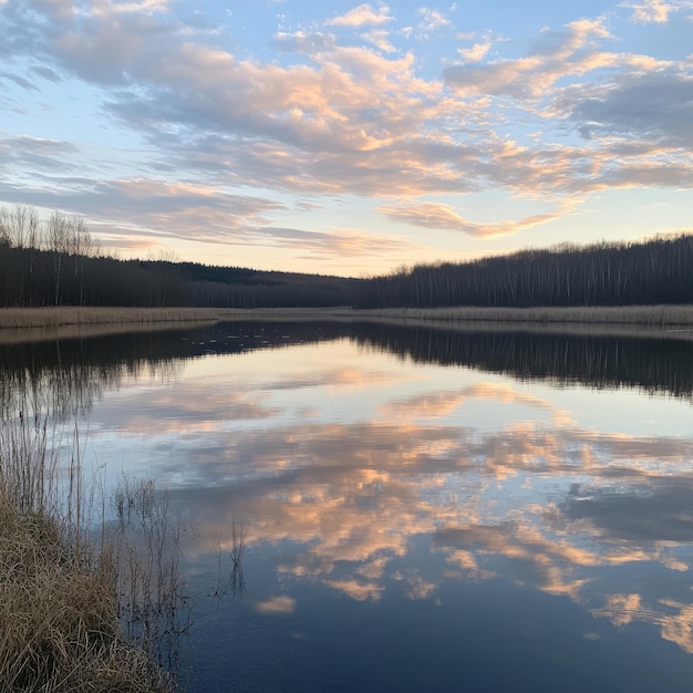 Photo calm lake water reflecting a serene sunset sky with pink and blue clouds