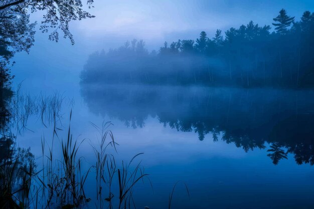 A calm lake with a foggy sky in the background