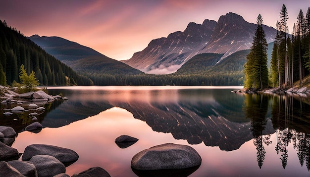 Photo calm lake with reflection of forestcovered mountains during twilight rocks in the foreground