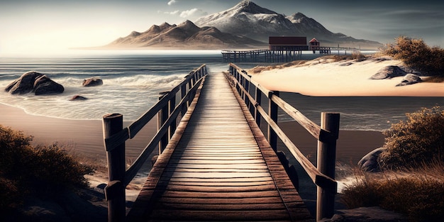 Calm landscape background mountain ocean Pier Boardwalk Coast Generative Ai