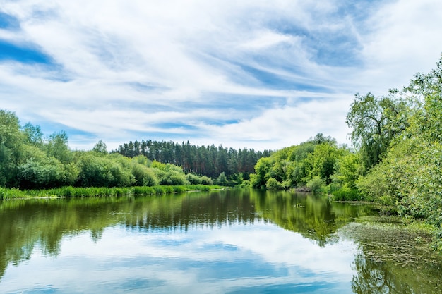 Calm landscape with blue river and green trees