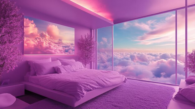 Photo calm lavender and purple bedroom with a dreamy bed and a beautiful view of clouds