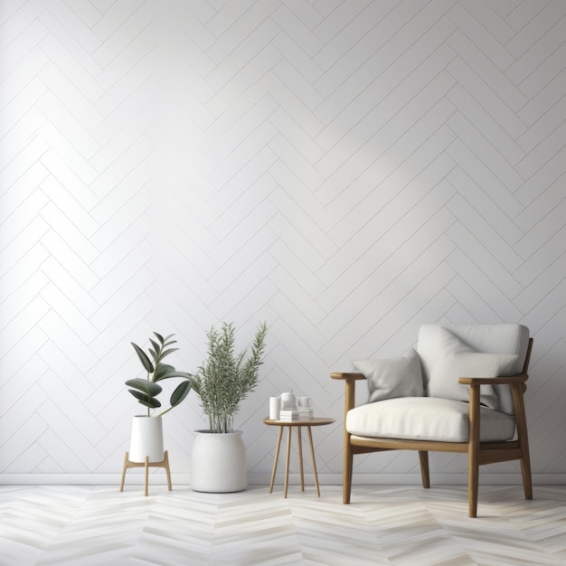 Calm And Meditative White Living Room With Herringbone Tiled Walls