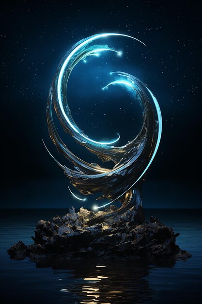 A calm night ocean with a brightly illuminated gorgeous and complex abstract sculpture