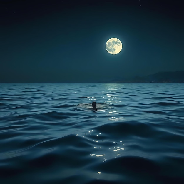 Calm ocean ego at night with full moon light