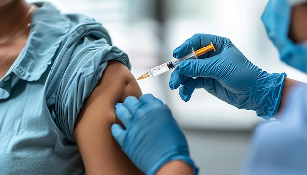 Photo calm patient getting vaccinated by gloved healthcare professional in clinical setting emphasizing i