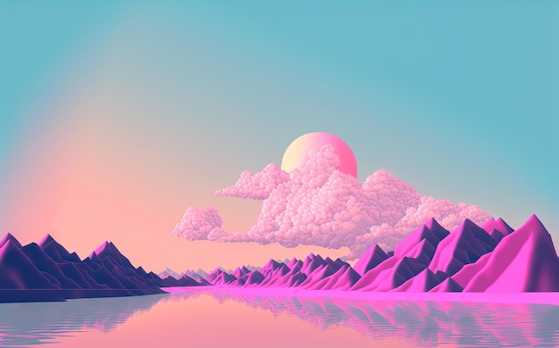 Calm and relaxing landscape with mountains in vaporwave style Pink and blue view in 90s style Generated AI