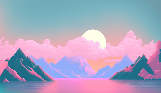 Calm and relaxing landscape with mountains in vaporwave style Pink and blue view in 90s style Generated AI