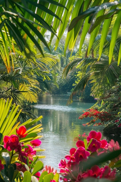 Photo calm river on a sunny day surrounded by tropical country plants