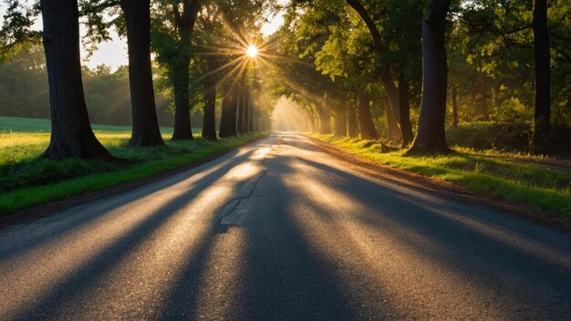 Calm rural road lined with trees at sunset casting long shadows