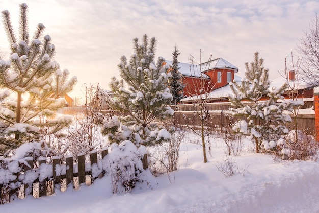 Calm Rustic winter landscape countryside at sunset.