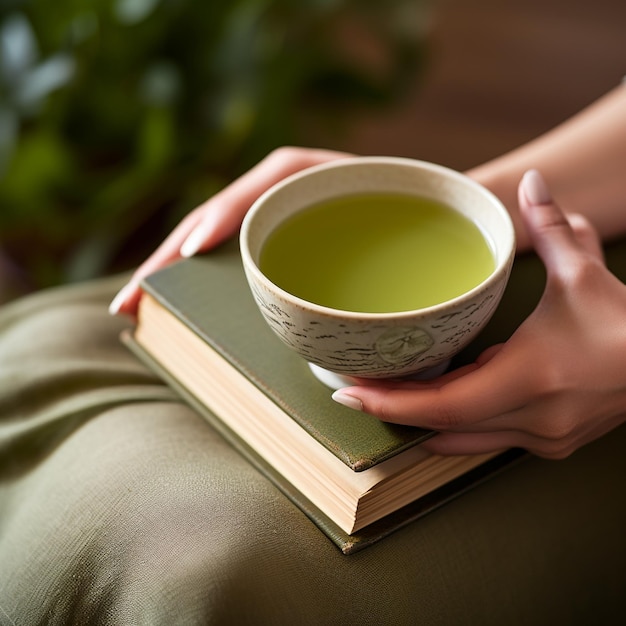 Calm scene of hands cradling a green tea cup with a mindfulness book nearby