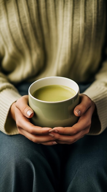 Calm scene of hands cradling a green tea cup with a mindfulness book nearby