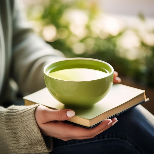 Calm scene of hands cradling a green tea cup with a mindfulness book nearby