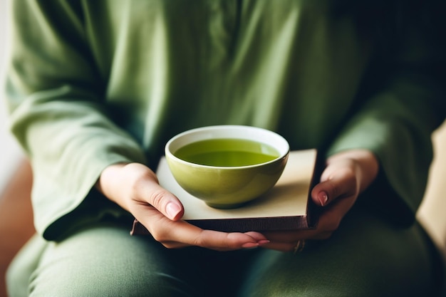 Calm scene of hands cradling a green tea cup with a mindfulness book nearby