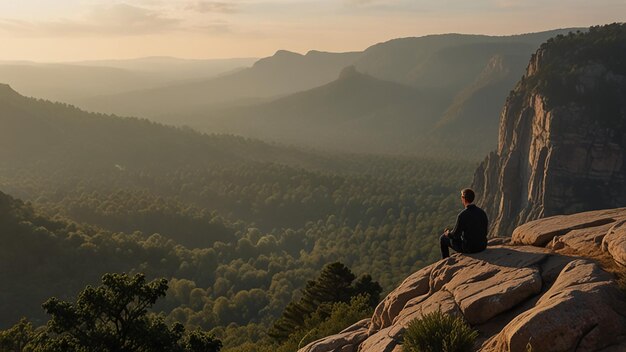 Photo calm scene of a person meditating on a mountain