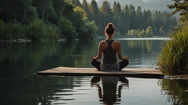 Calm scene of a person practicing yoga by a lake