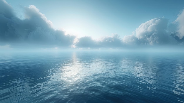 Calm at sea Blue sky with clouds over flat surface of water Fog over the water