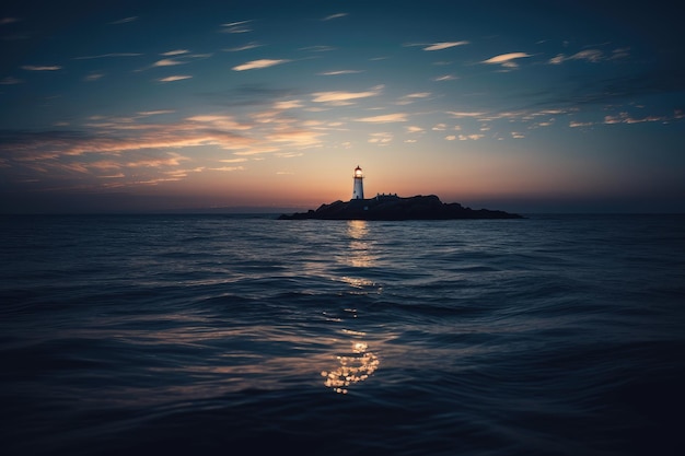 Calm sea with lighthouse shining its beacon of light on the horizon