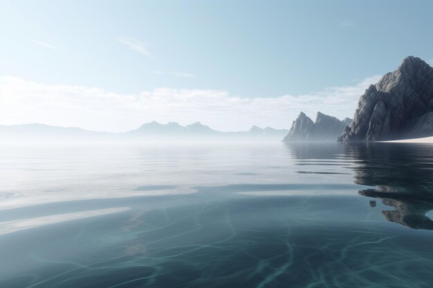 A calm sea with mountains in the background