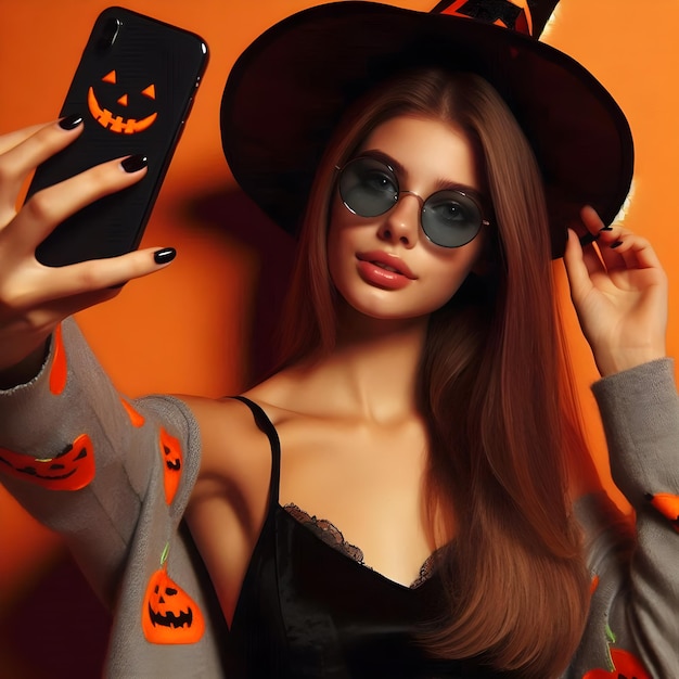 Photo calm slender girl makes selfie showing off her image for halloween indoor portrait of pretty model