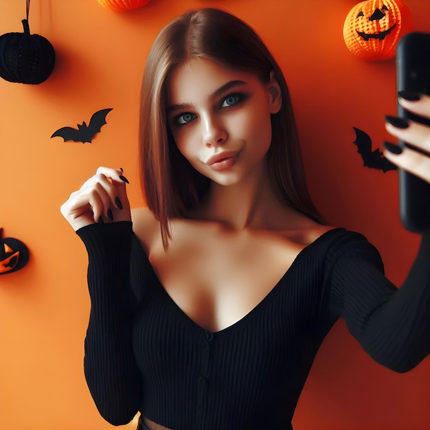 Photo calm slender girl makes selfie showing off her image for halloween indoor portrait of pretty model