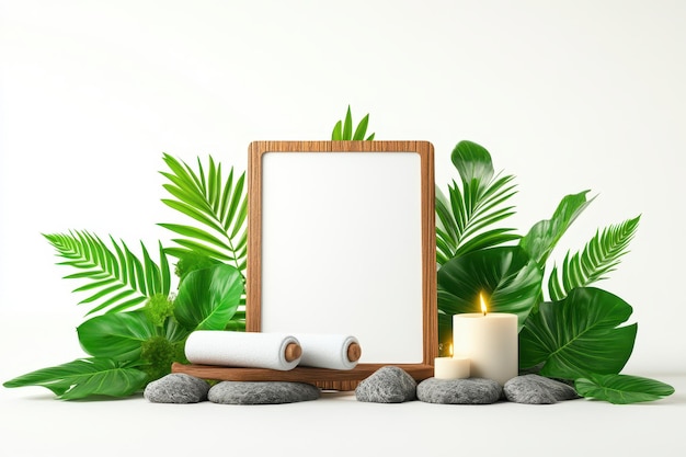 Calm spa setup with massage roller and blank sign among greenery and candles