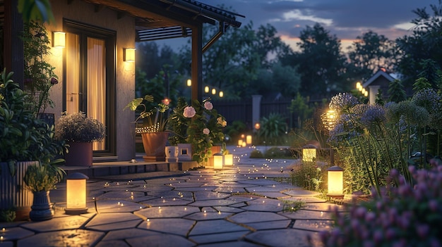 On a calm summer evening the patio of a suburban house becomes a haven of peace with garden lights scattered around casting a gentle glow that enhances the beauty of the evening