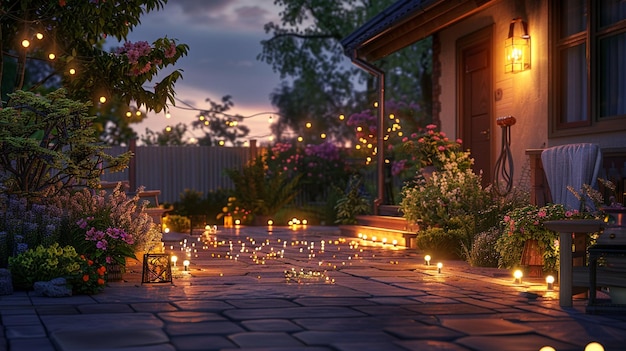 On a calm summer evening the patio of a suburban house becomes a haven of peace with garden lights scattered around casting a gentle glow that enhances the beauty of the evening