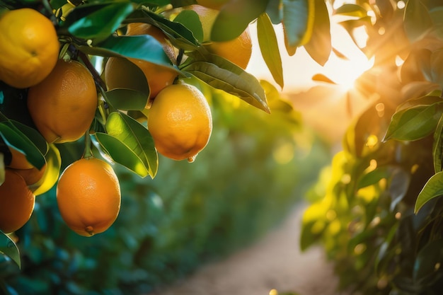 A calm sunrise illuminates a citrus grove Oranges in closeup