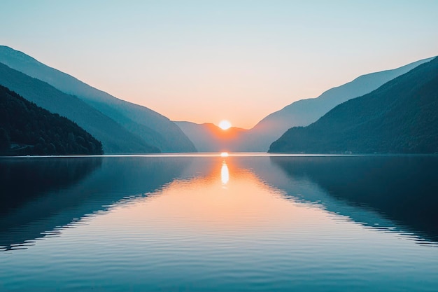 Photo a calm sunset reflection over a mountain lake