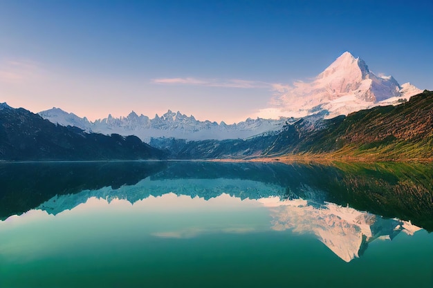 Calm surface of mountain lake among beautiful mountain slopes