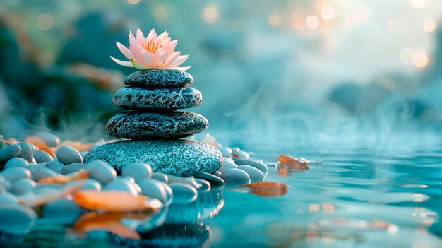 Photo calm waters with stacked stones and pink lotus flower at dusk