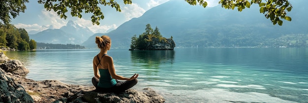 Photo calm woman meditating by serene lake