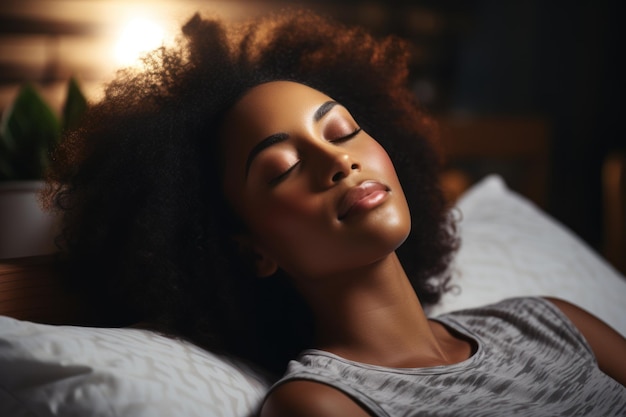 Calm young African American model sleeping well with eyes closed lying in a comfortable bed