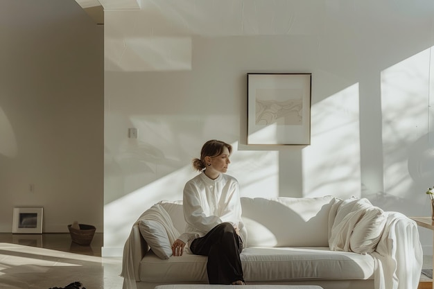 Photo a calm young woman in a bright room with plants surrounded by tranquility and light aig