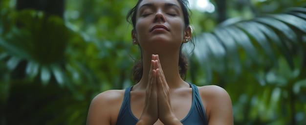 Photo calm young woman praying amp meditating doing yoga deep breathing exercises with eyes closed