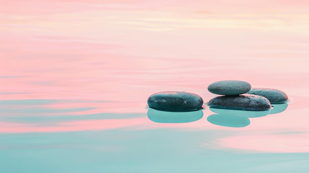 Photo calm zen stones reflecting in turquoise water against the pink horizon with a blur background