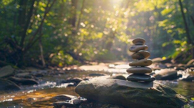 Photo a calming image of stacked stones on a smooth rock beside a serene forest stream with sunlight