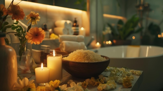 Photo a calming spa atmosphere with a candlelit room fresh flowers and a bowl of aromatic bath salts