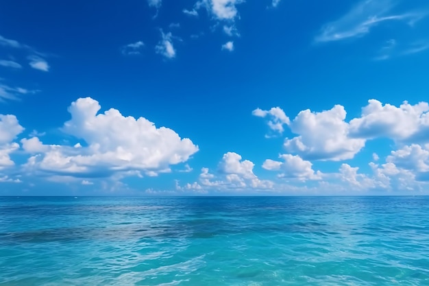 Calming summer natural marine blue background sea and sky with white clouds photography