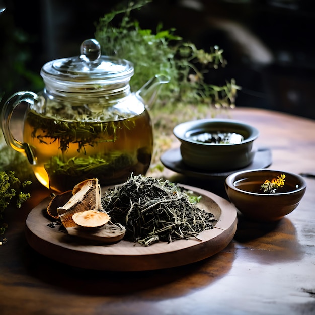 A calming tea setup featuring ZenCalm Relaxation Tea and organic dried herbs