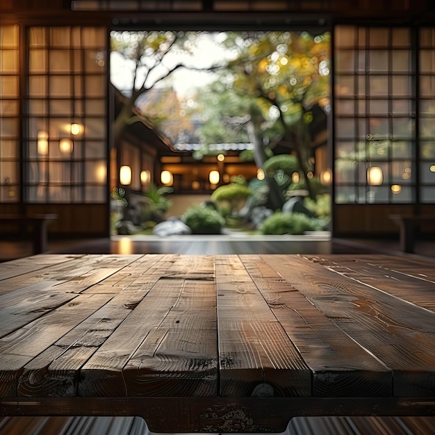 A calming view from a traditional Japanese wooden table mockup showing a zen garden