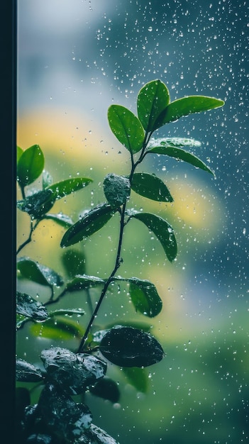 Photo calming view of green plants through a rainy window with water droplets creating a soothing atmosphere on a wet overcast day